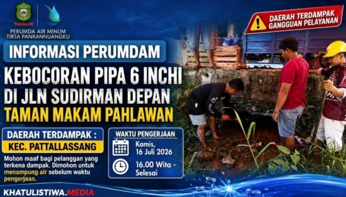 Perumda Air Minum Tirta Panrannuangku Perbaiki Kebocoran Pipa 6 Inci, Distribusi Air di Pattallassang Terdampak Sementara
