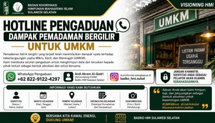 UMKM Merugi Akibat Pemadaman PLN, HMI Badko Sulsel Buka Jalur Pengaduan